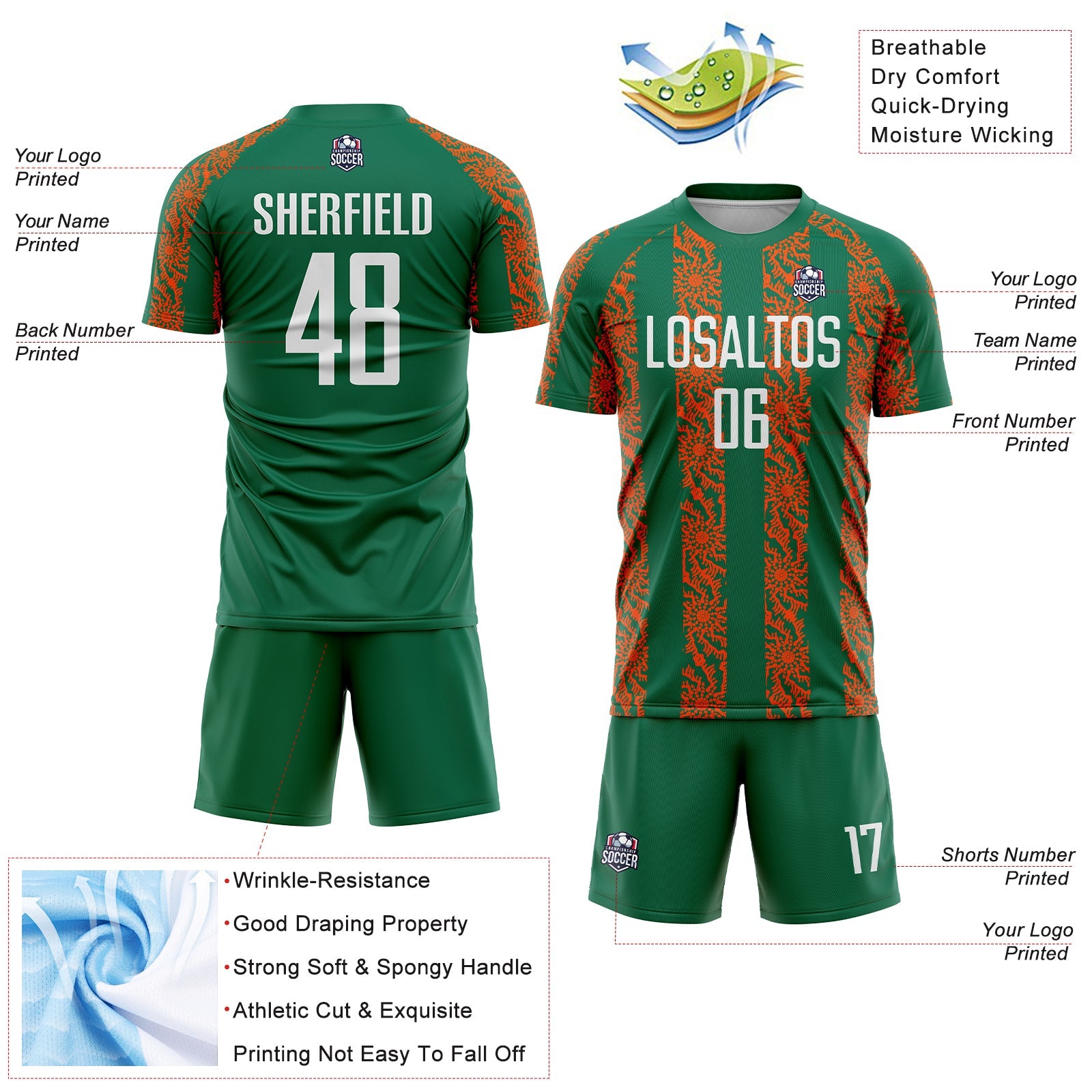 Custom Kelly Green White-Orange Abstract Shape Sublimation Soccer Uniform Jersey view 4
