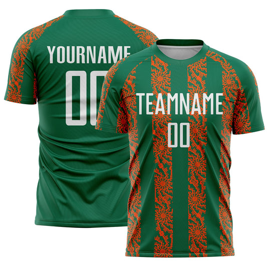 Custom Kelly Green White-Orange Abstract Shape Sublimation Soccer Uniform Jersey - Main View