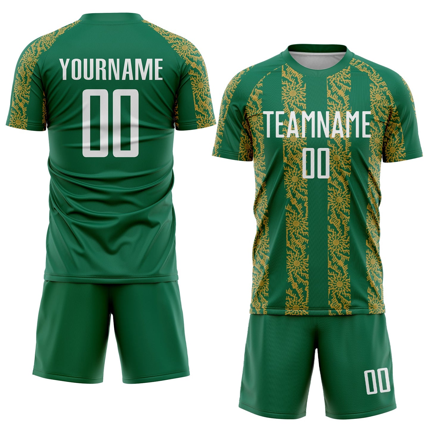 Custom Kelly Green White-Old Gold Abstract Shape Sublimation Soccer Uniform Jersey view 2