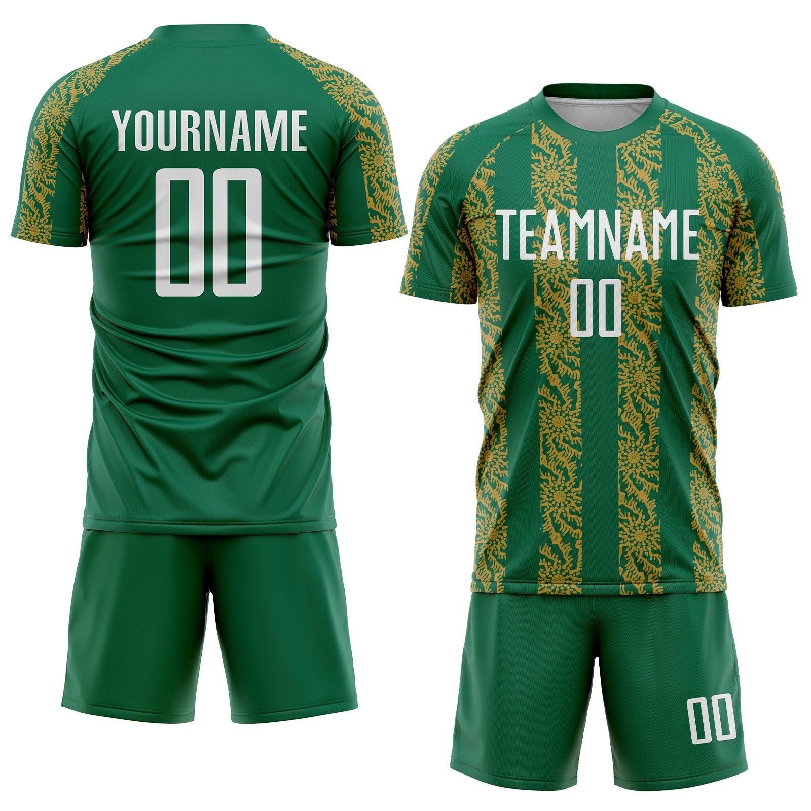 Custom Kelly Green White-Old Gold Abstract Shape Sublimation Soccer Uniform Jersey view 2