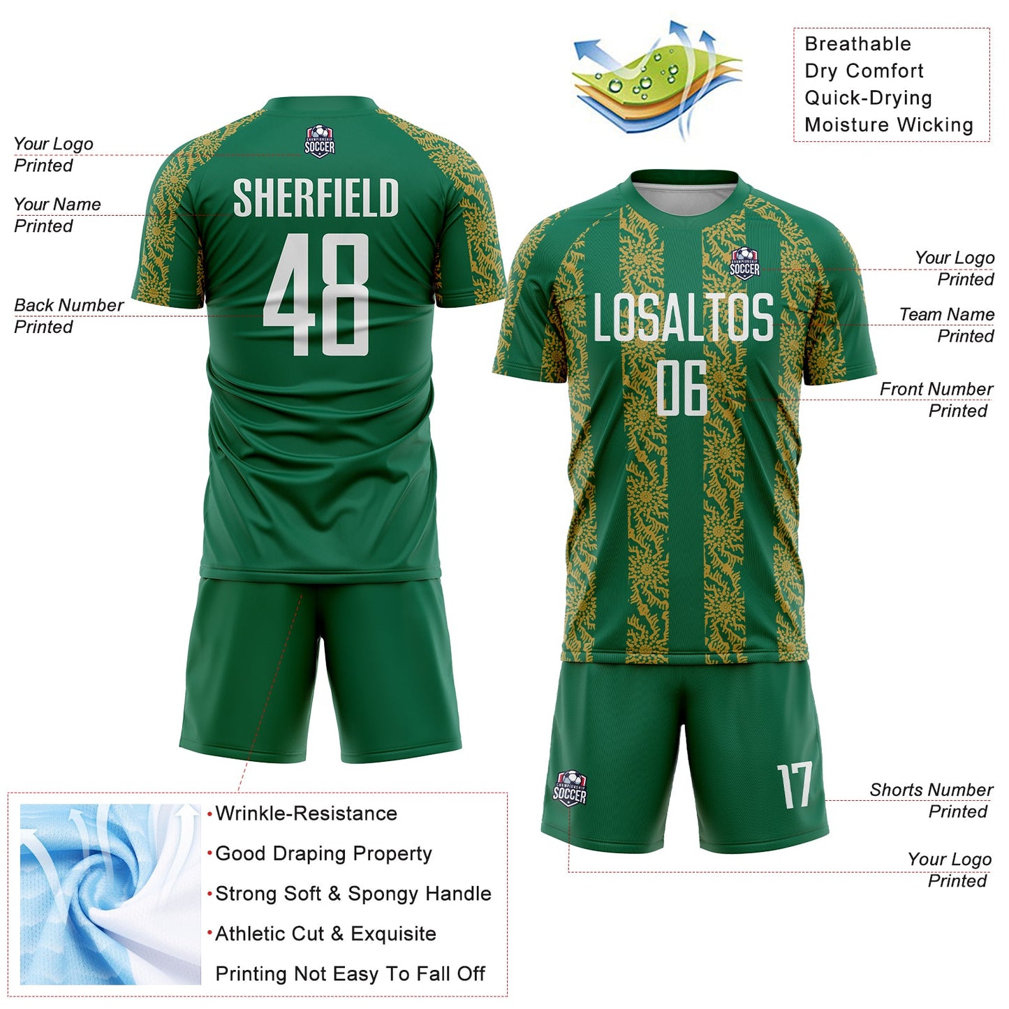 Custom Kelly Green White-Old Gold Abstract Shape Sublimation Soccer Uniform Jersey view 4