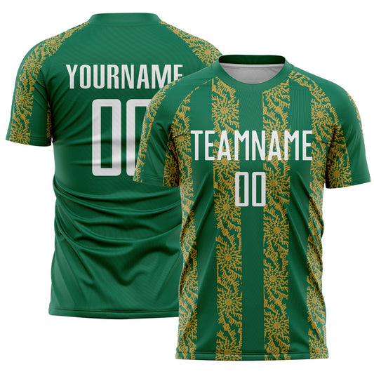 Custom Kelly Green White-Old Gold Abstract Shape Sublimation Soccer Uniform Jersey - Main View