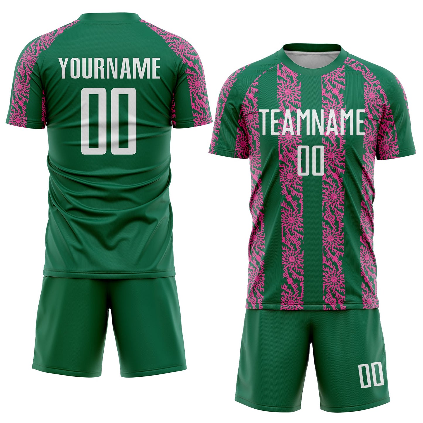 Custom Kelly Green White-Pink Abstract Shape Sublimation Soccer Uniform Jersey view 2