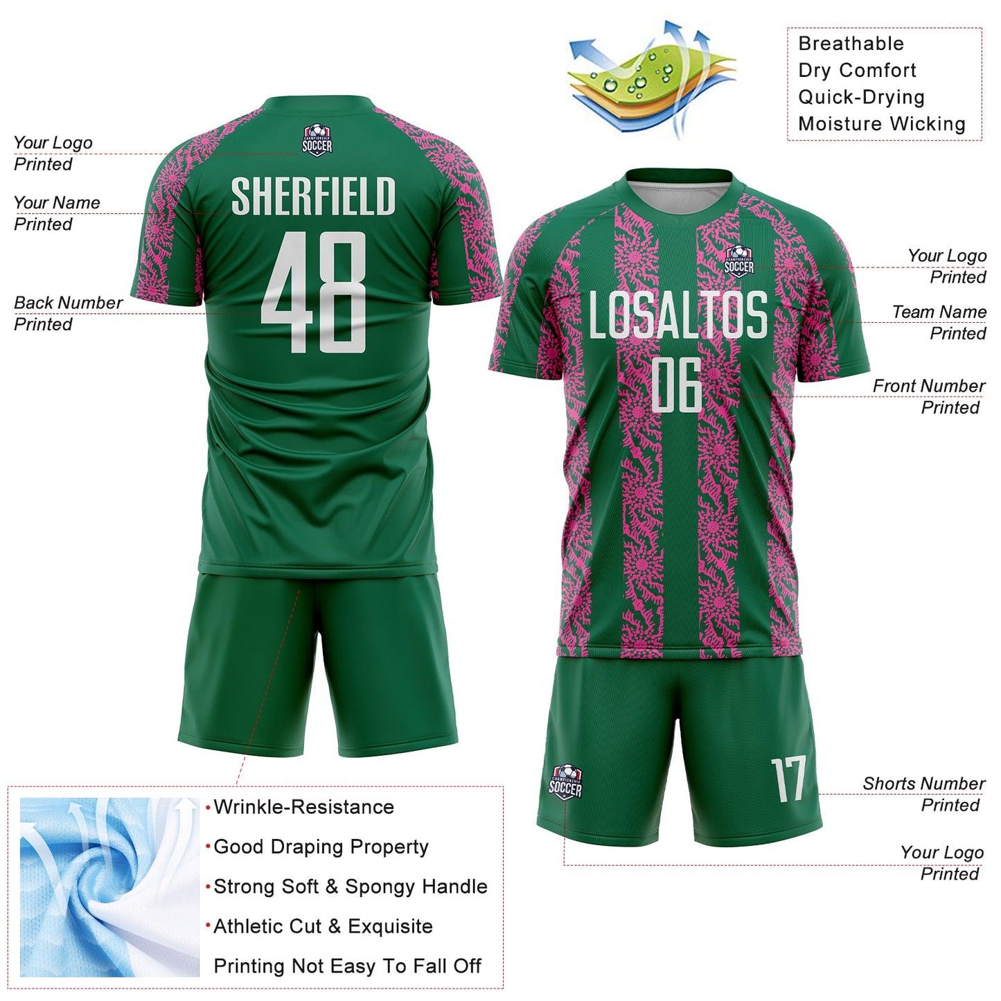 Custom Kelly Green White-Pink Abstract Shape Sublimation Soccer Uniform Jersey view 4