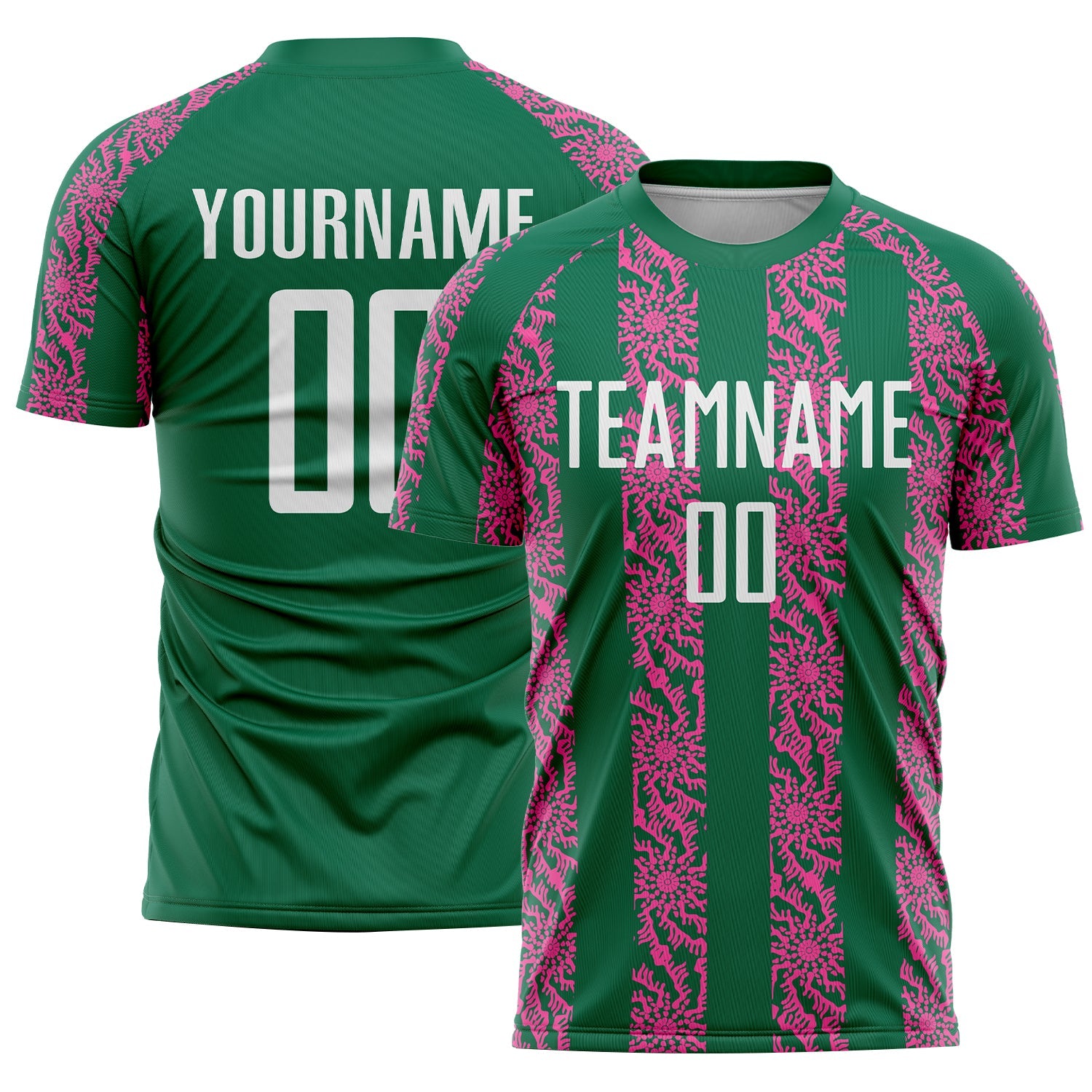 Custom Kelly Green White-Pink Abstract Shape Sublimation Soccer Uniform Jersey - Main View