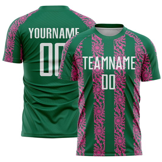 Custom Kelly Green White-Pink Abstract Shape Sublimation Soccer Uniform Jersey - Main View