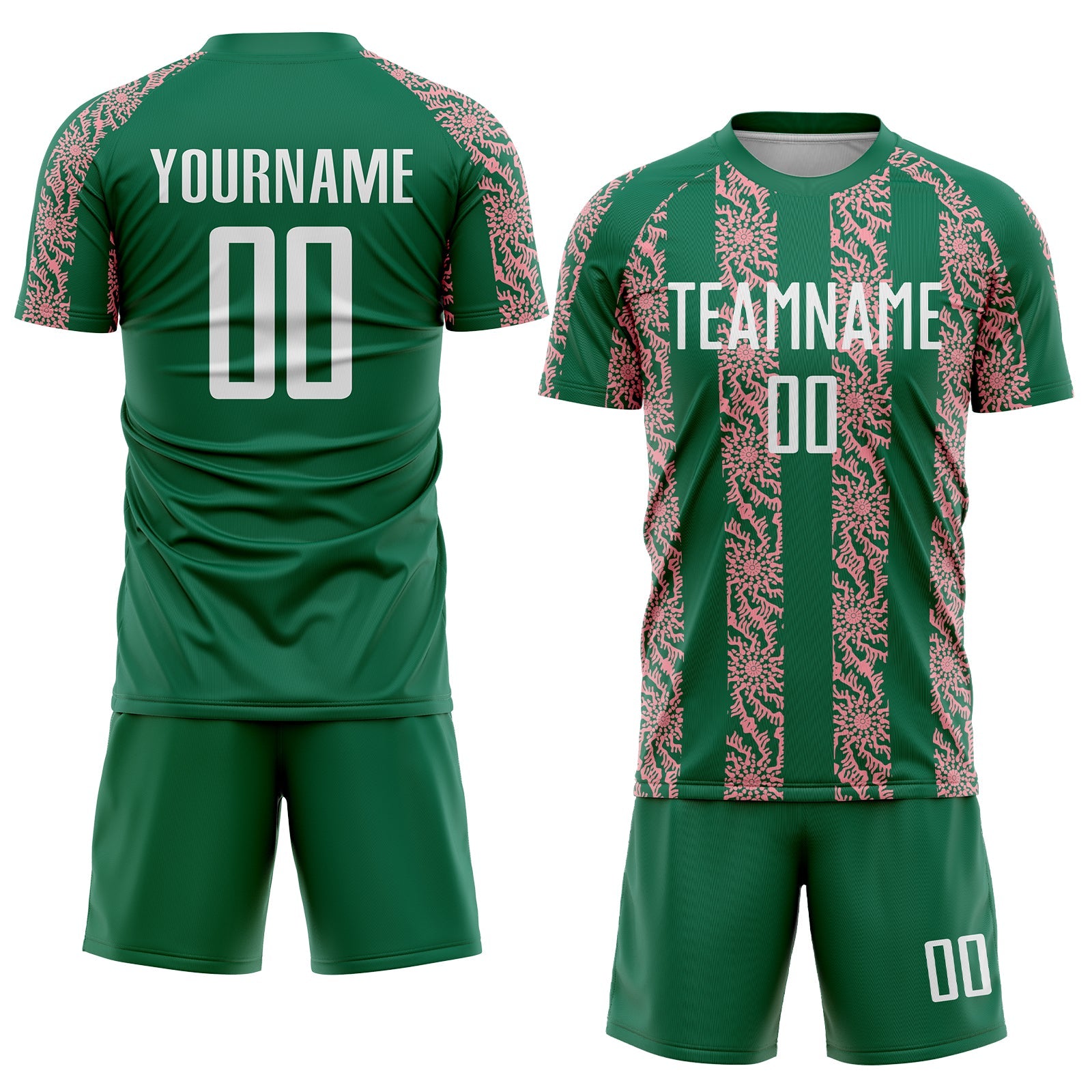 Custom Kelly Green White-Medium Pink Abstract Shape Sublimation Soccer Uniform Jersey view 2