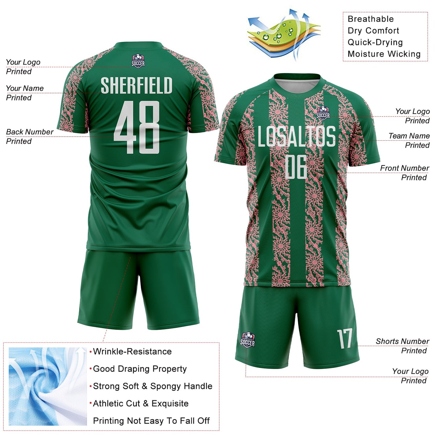 Custom Kelly Green White-Medium Pink Abstract Shape Sublimation Soccer Uniform Jersey view 4
