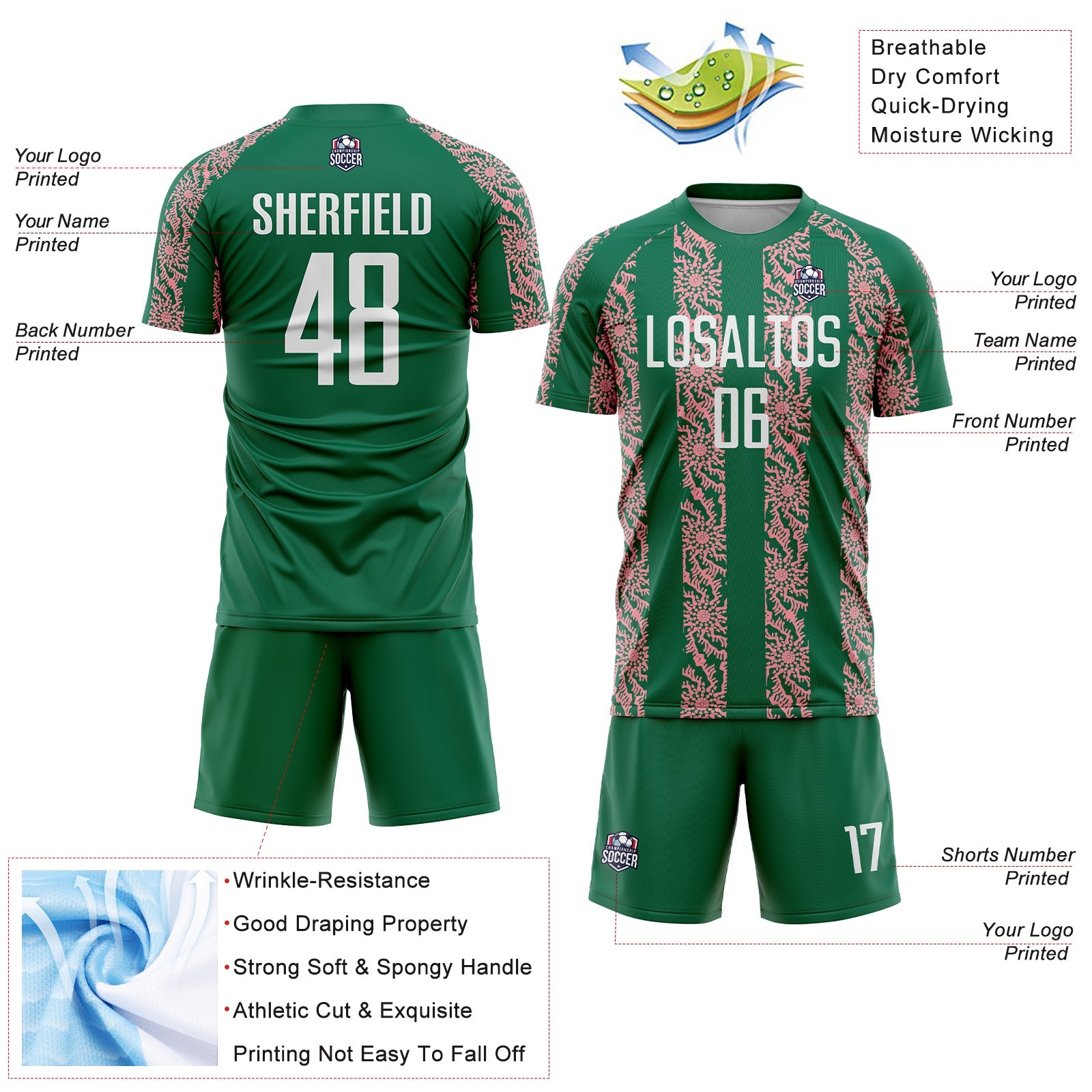 Custom Kelly Green White-Medium Pink Abstract Shape Sublimation Soccer Uniform Jersey view 4