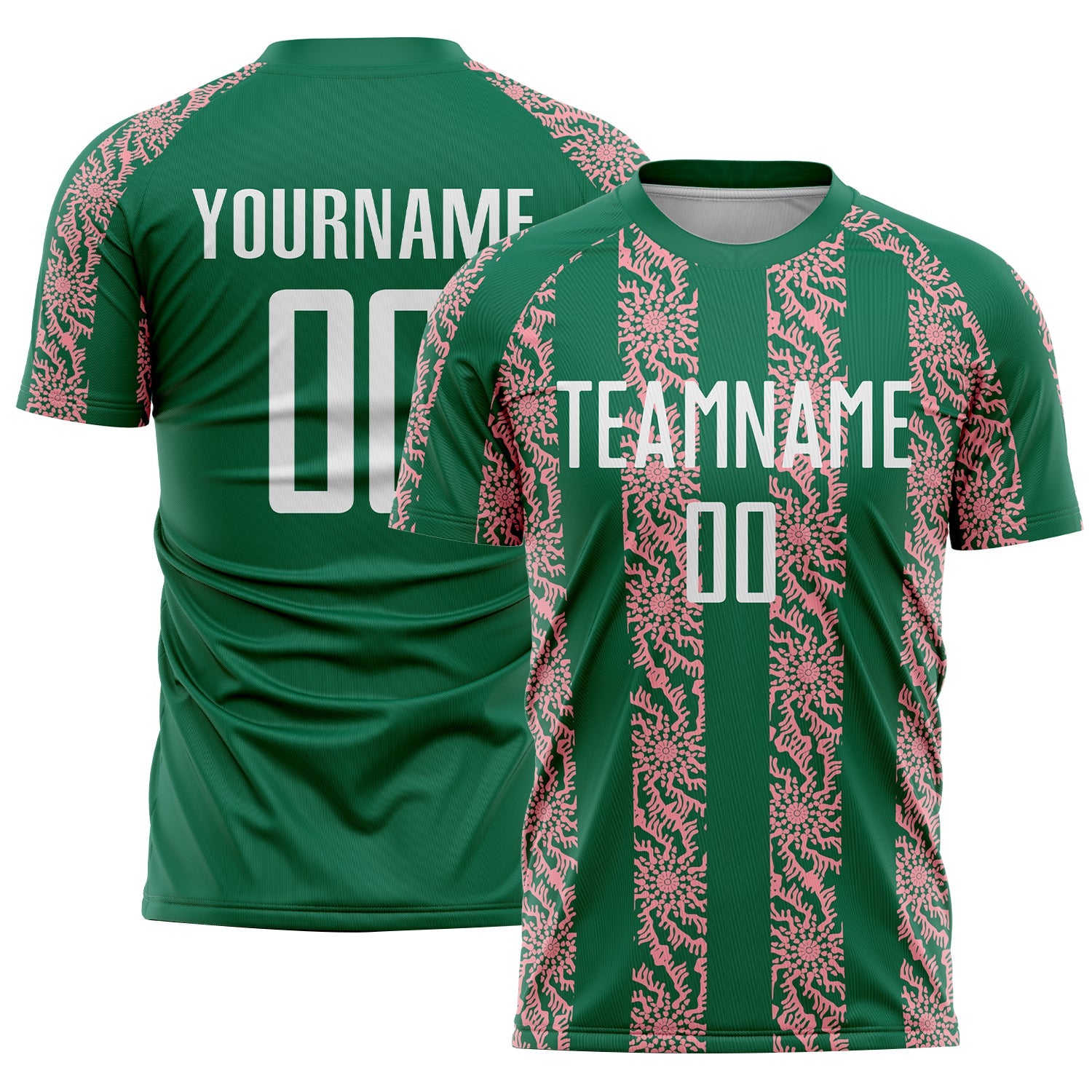 Custom Kelly Green White-Medium Pink Abstract Shape Sublimation Soccer Uniform Jersey - Main View