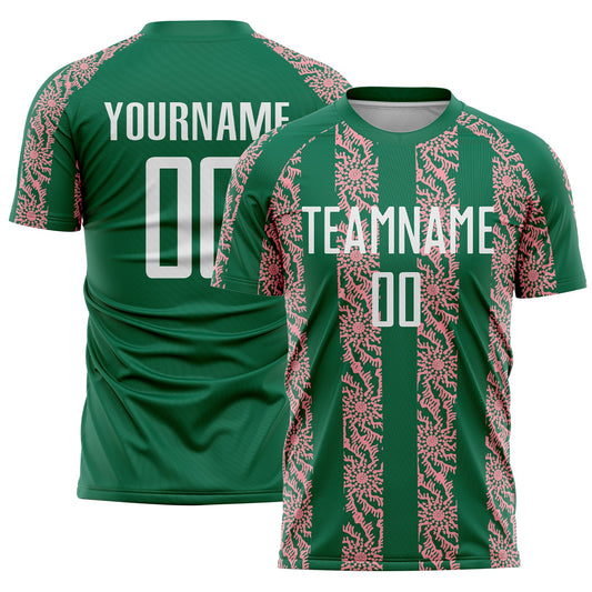 Custom Kelly Green White-Medium Pink Abstract Shape Sublimation Soccer Uniform Jersey - Main View