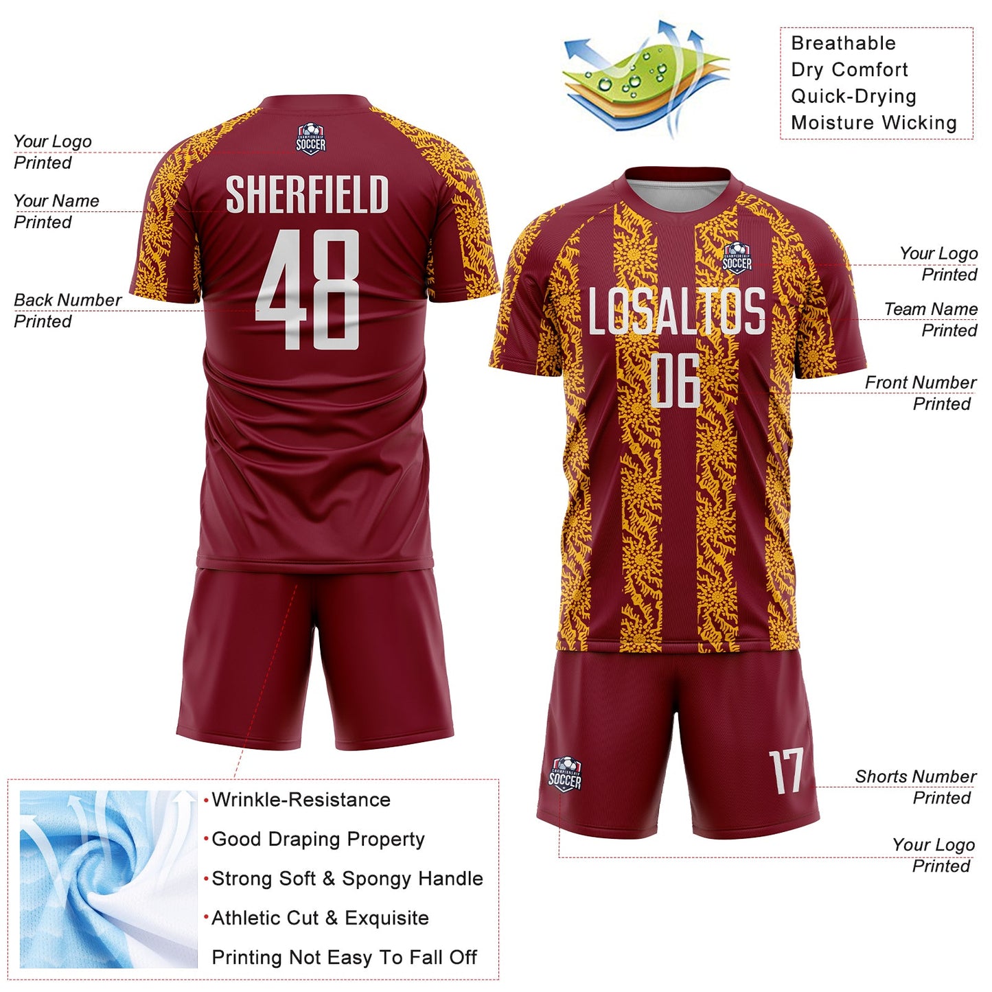Custom Crimson White-Gold Abstract Shape Sublimation Soccer Uniform Jersey view 4