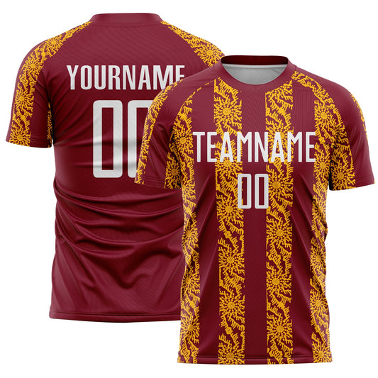 Custom Crimson White-Gold Abstract Shape Sublimation Soccer Uniform Jersey - Main View
