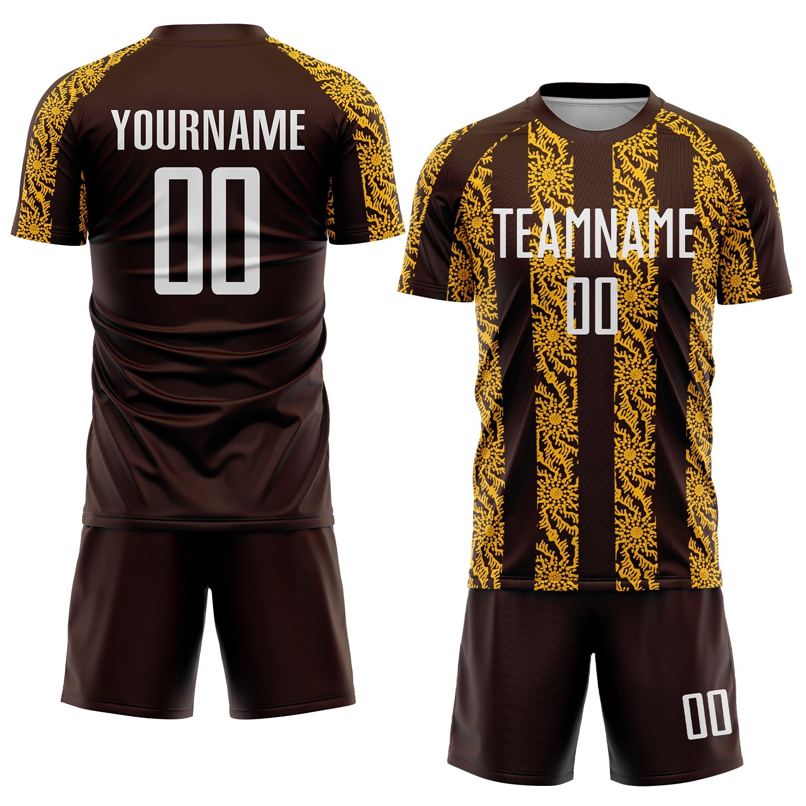 Custom Brown White-Gold Abstract Shape Sublimation Soccer Uniform Jersey view 2