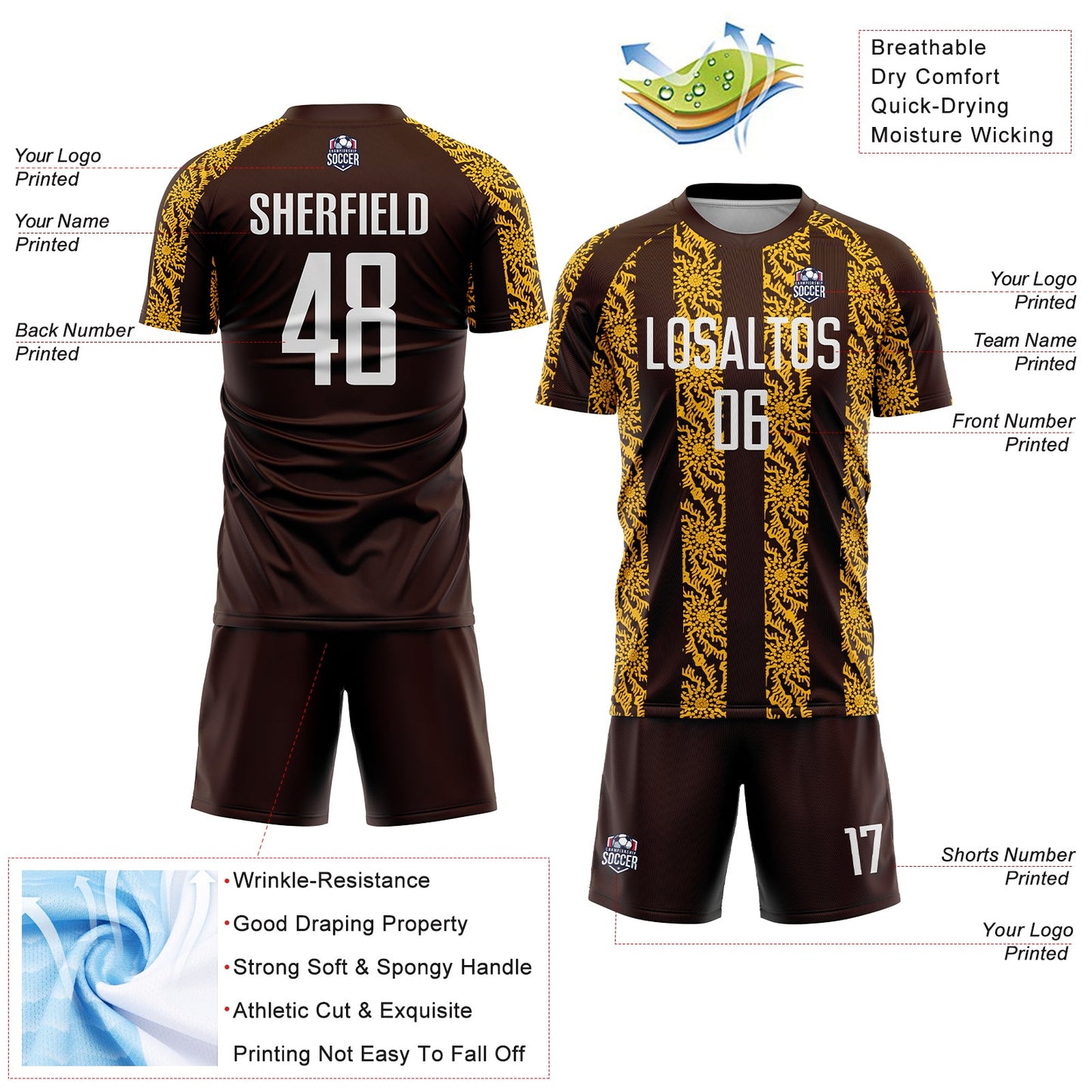 Custom Brown White-Gold Abstract Shape Sublimation Soccer Uniform Jersey view 4