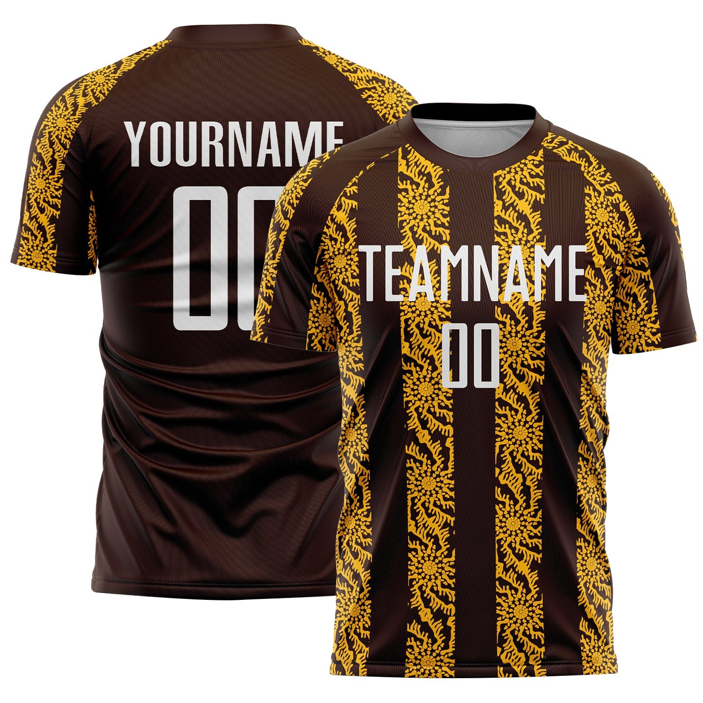Custom Brown White-Gold Abstract Shape Sublimation Soccer Uniform Jersey - Main View