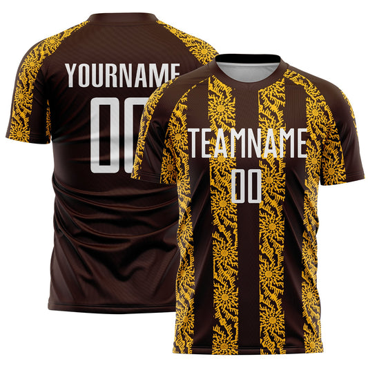 Custom Brown White-Gold Abstract Shape Sublimation Soccer Uniform Jersey - Main View