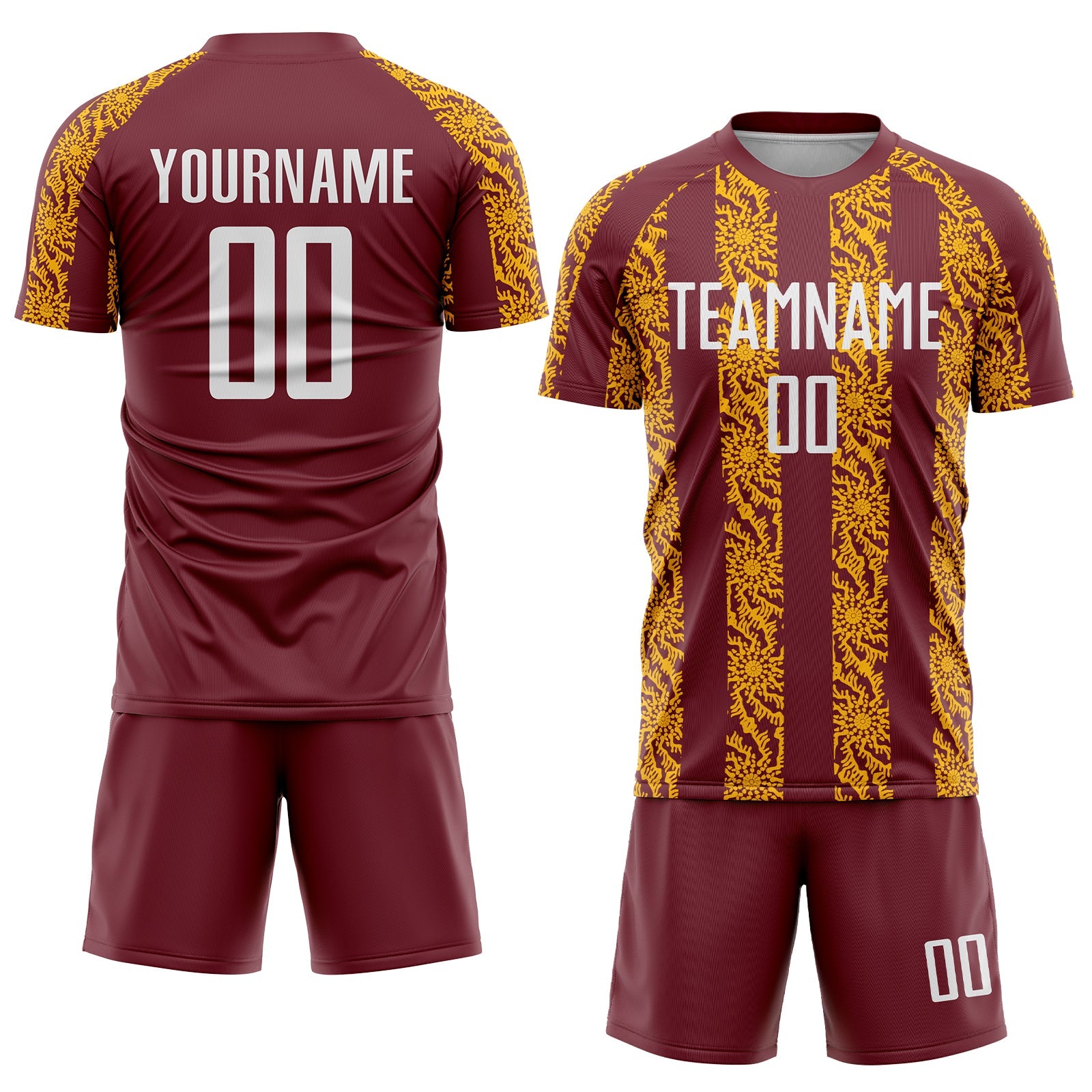 Custom Burgundy White-Gold Abstract Shape Sublimation Soccer Uniform Jersey view 2