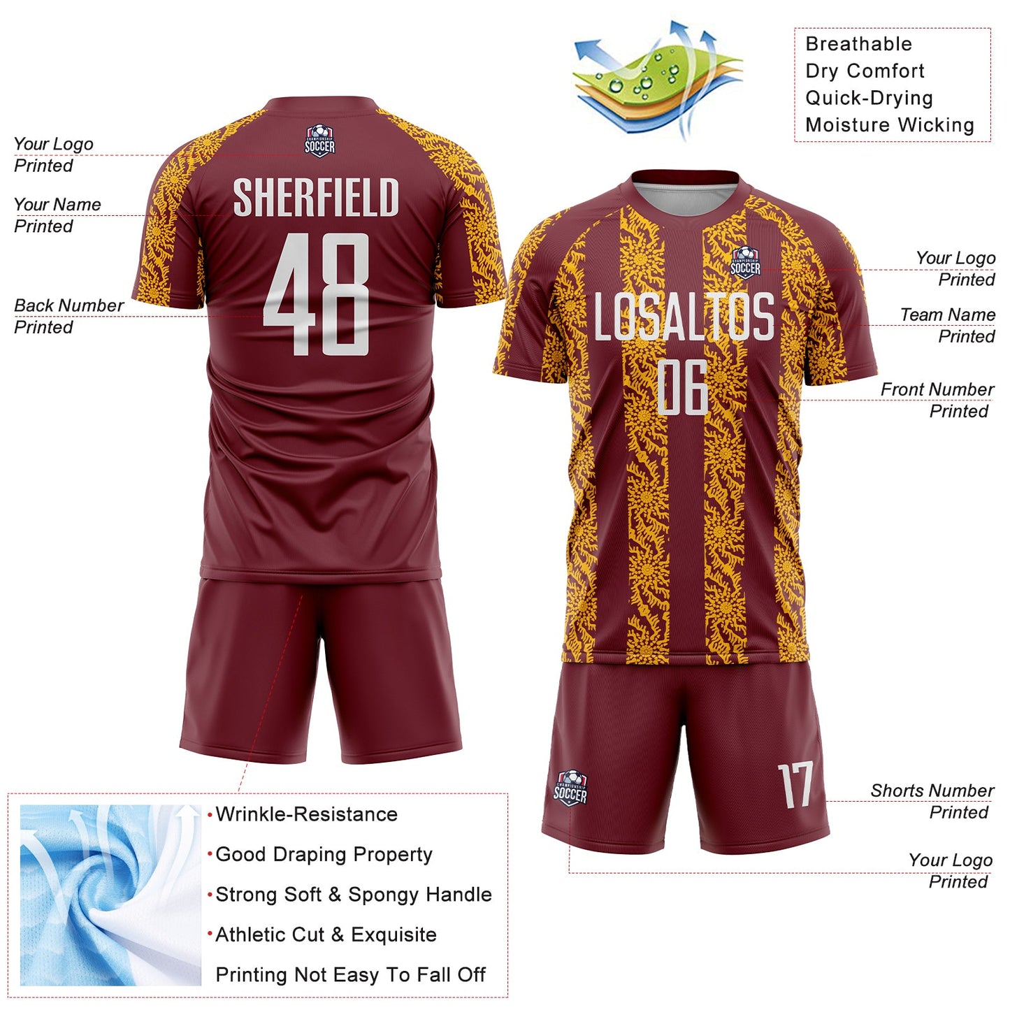 Custom Burgundy White-Gold Abstract Shape Sublimation Soccer Uniform Jersey view 4