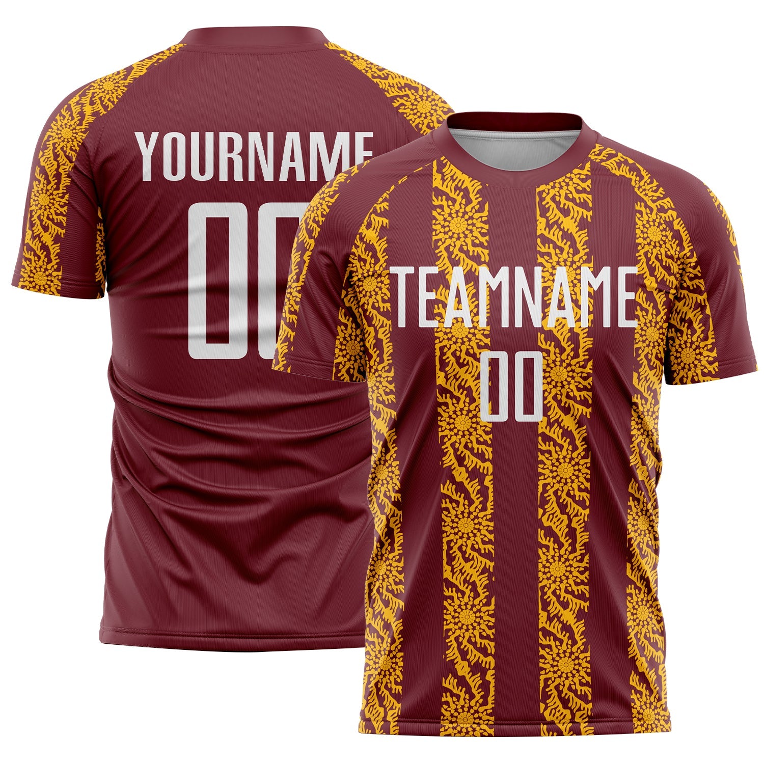Custom Burgundy White-Gold Abstract Shape Sublimation Soccer Uniform Jersey - Main View