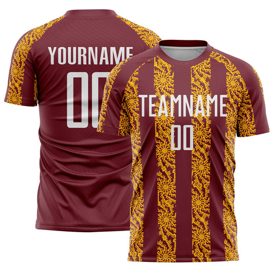 Custom Burgundy White-Gold Abstract Shape Sublimation Soccer Uniform Jersey - Main View
