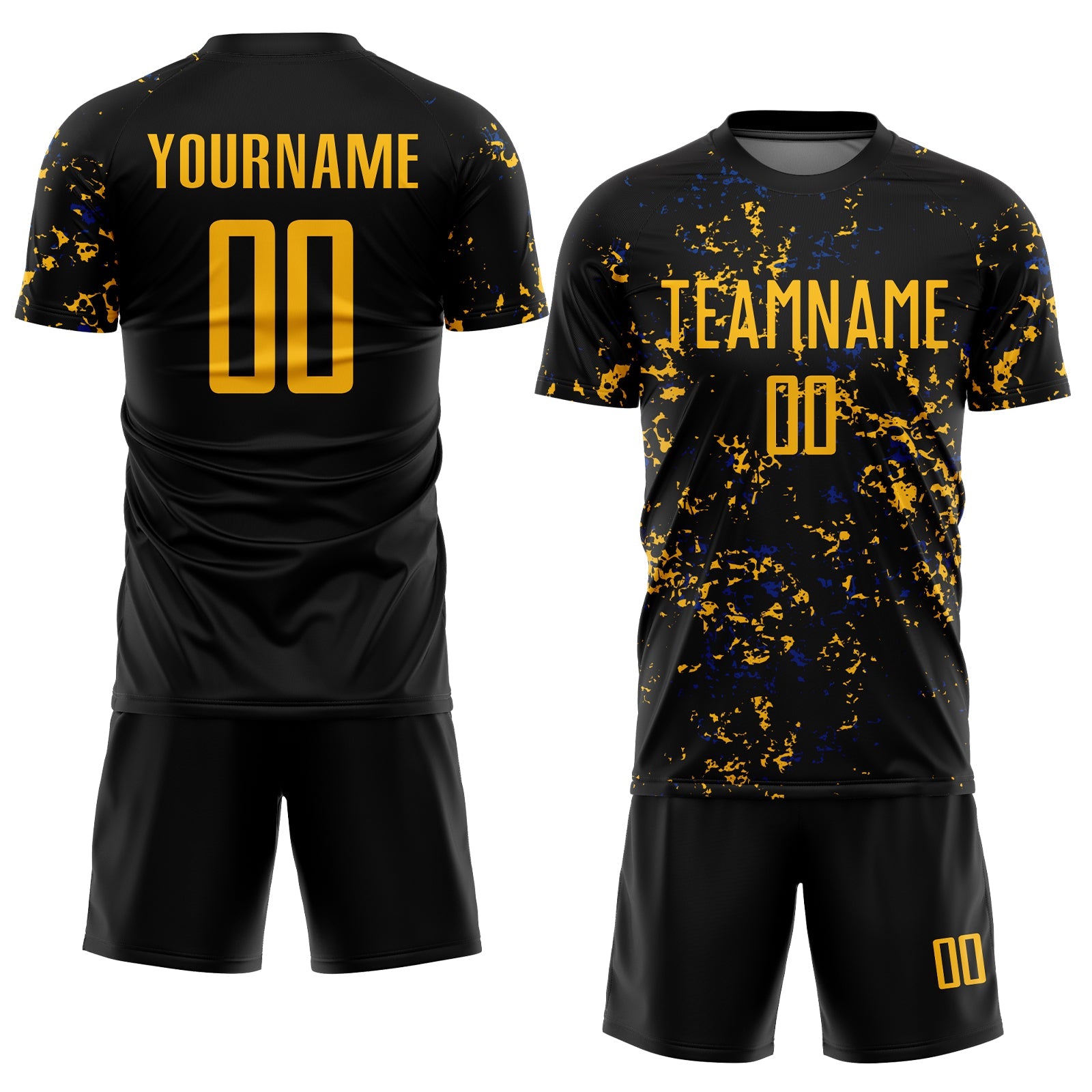 Custom Black Gold-Royal Abstract Fragment Art Sublimation Soccer Uniform Jersey view 2