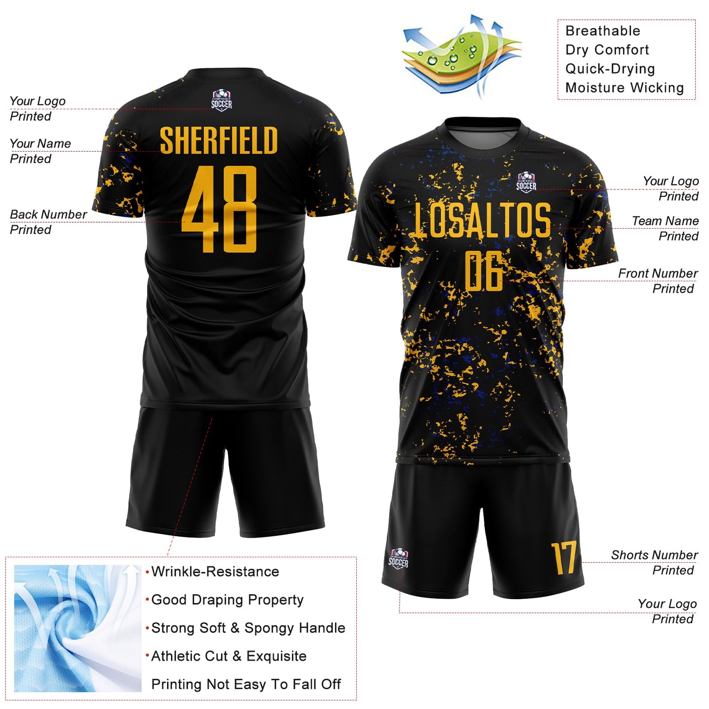 Custom Black Gold-Royal Abstract Fragment Art Sublimation Soccer Uniform Jersey view 4