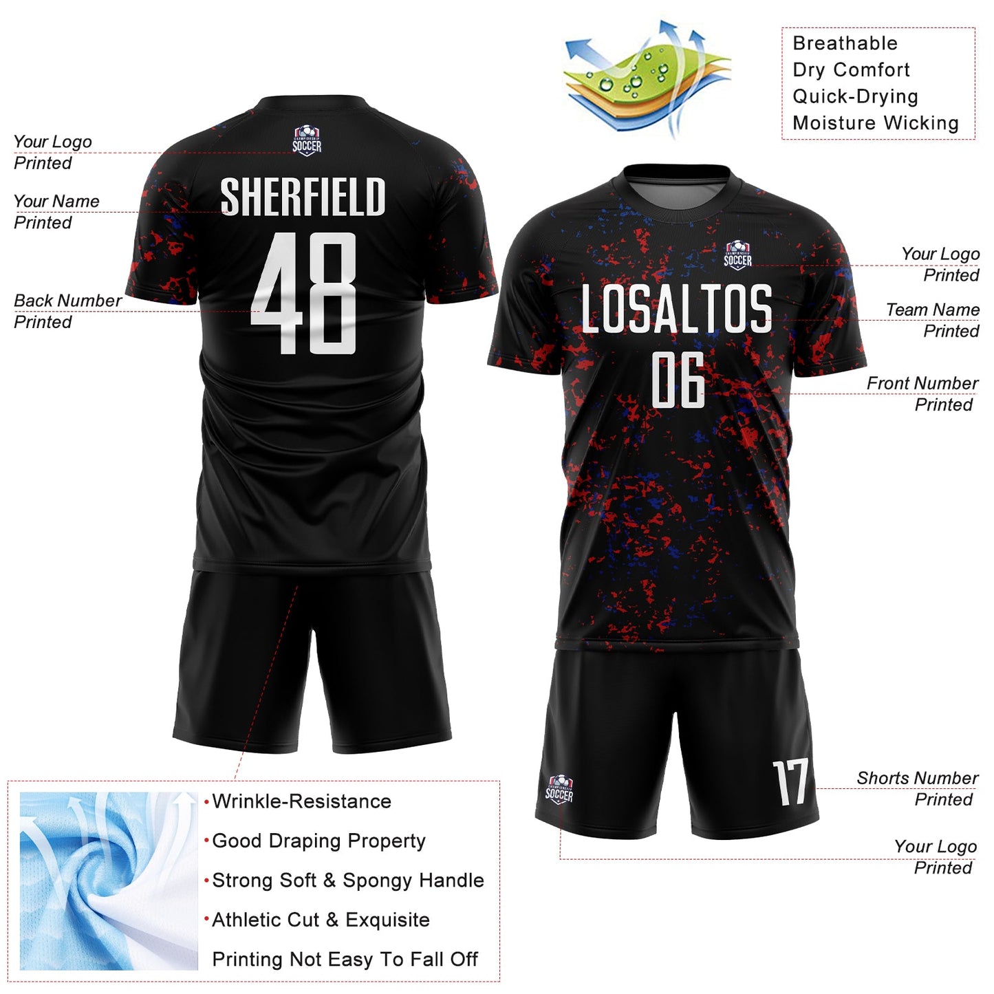 Custom Black Red-Royal Abstract Fragment Art Sublimation Soccer Uniform Jersey view 4
