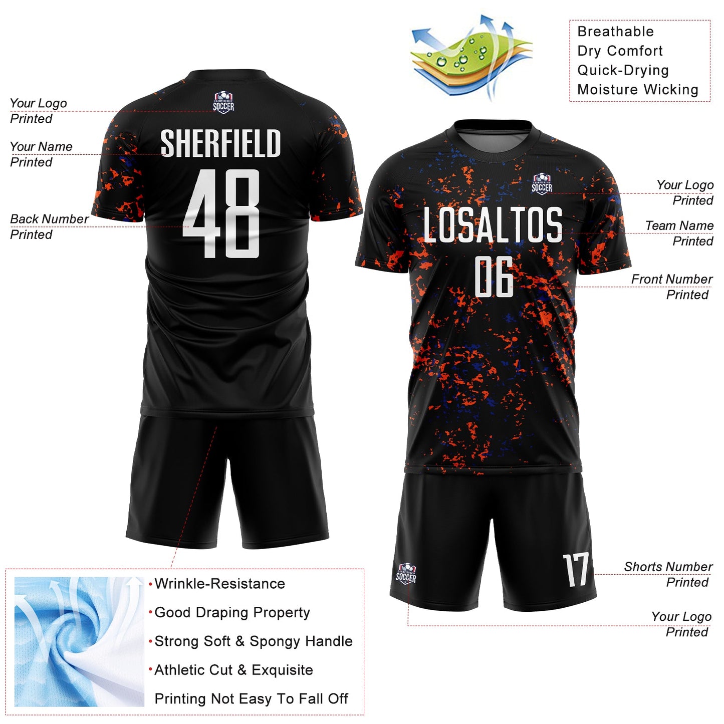 Custom Black Orange-Royal Abstract Fragment Art Sublimation Soccer Uniform Jersey view 4