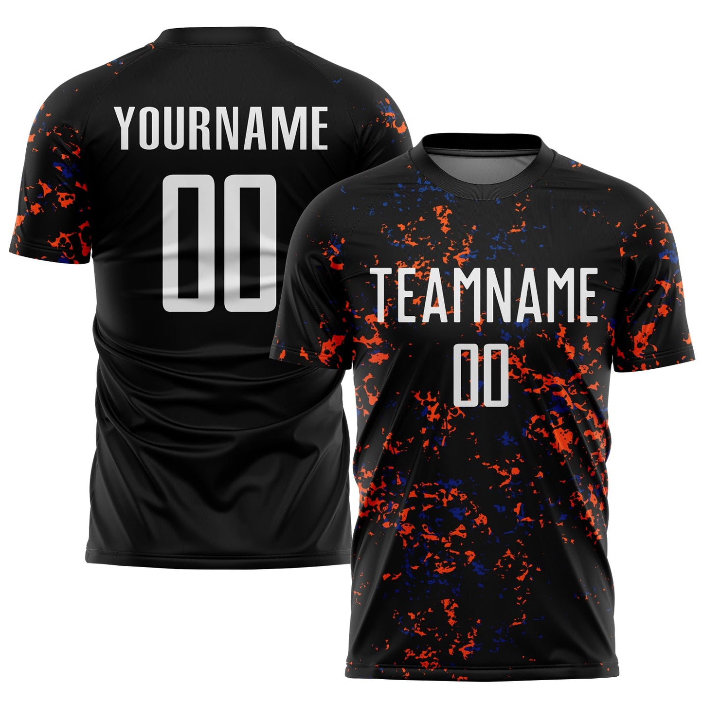 Custom Black Orange-Royal Abstract Fragment Art Sublimation Soccer Uniform Jersey - Main View