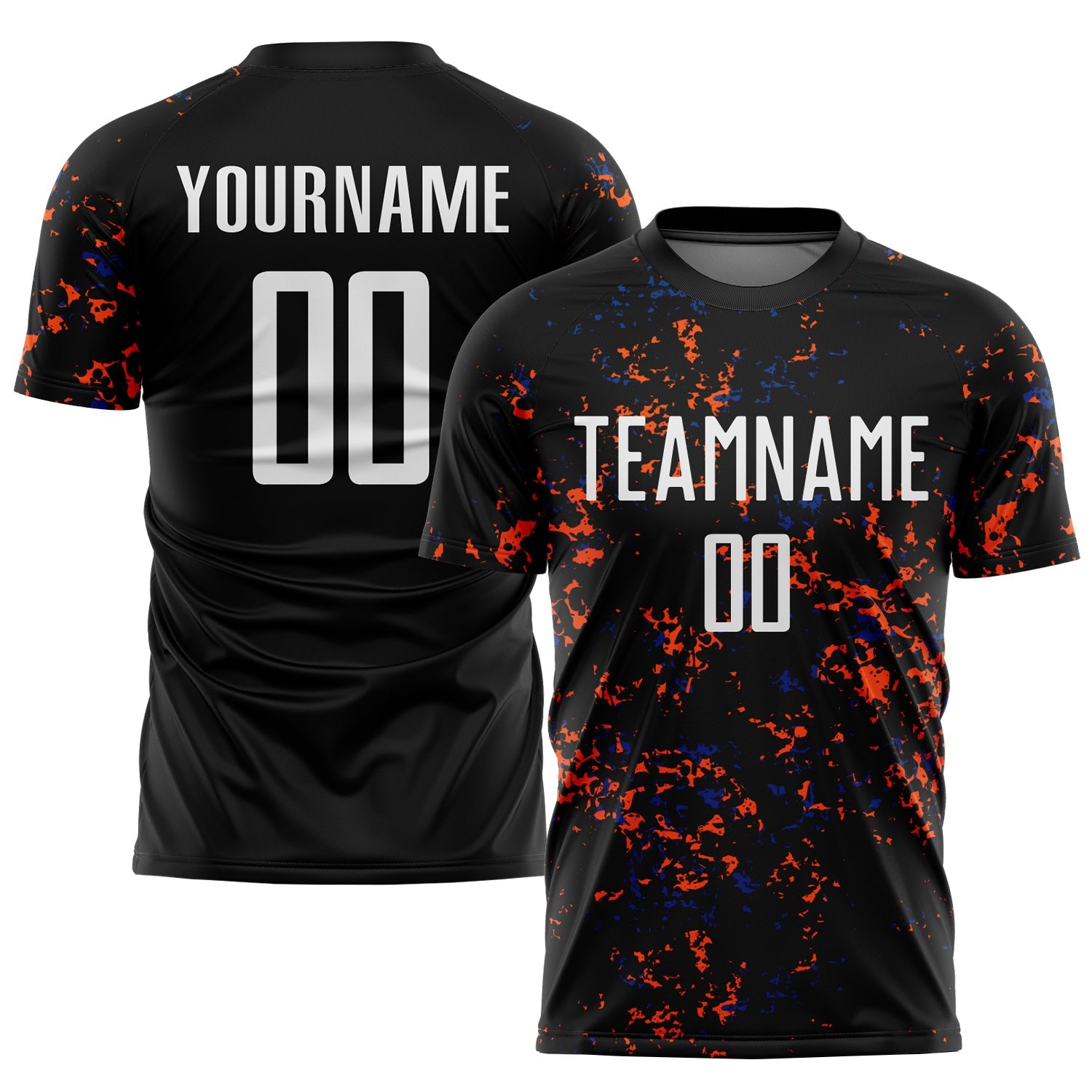 Custom Black Orange-Royal Abstract Fragment Art Sublimation Soccer Uniform Jersey - Main View