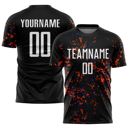 Custom Black Orange-Royal Abstract Fragment Art Sublimation Soccer Uniform Jersey - Main View