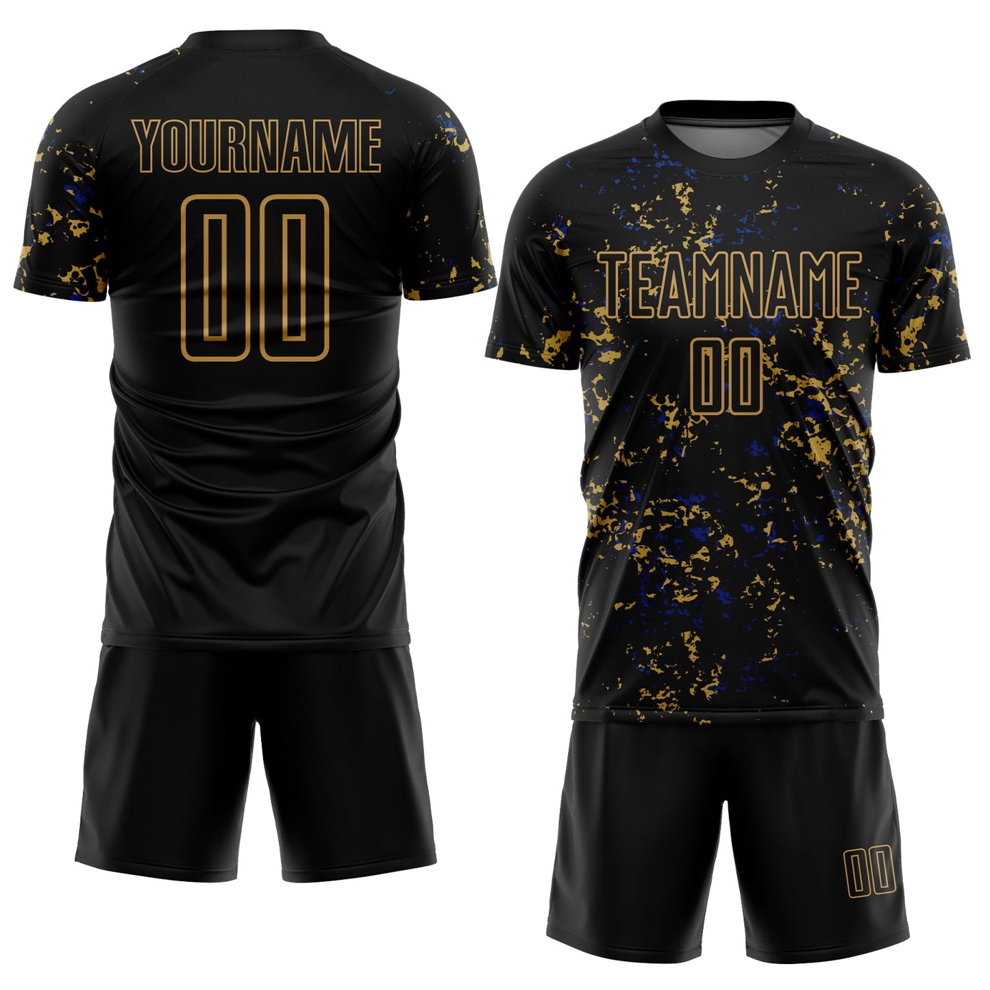 Custom Black Old Gold-Royal Abstract Fragment Art Sublimation Soccer Uniform Jersey view 2