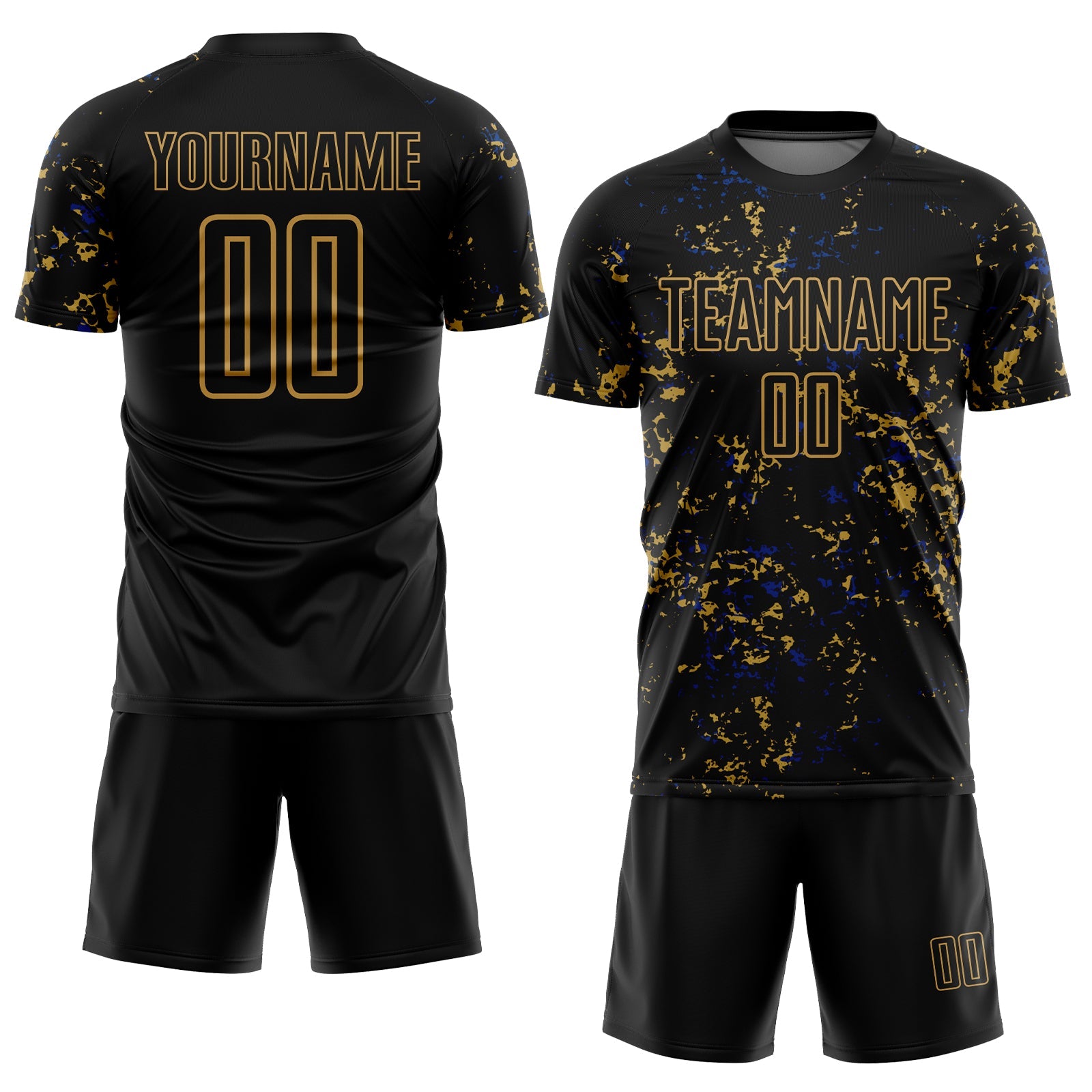 Custom Black Old Gold-Royal Abstract Fragment Art Sublimation Soccer Uniform Jersey view 2