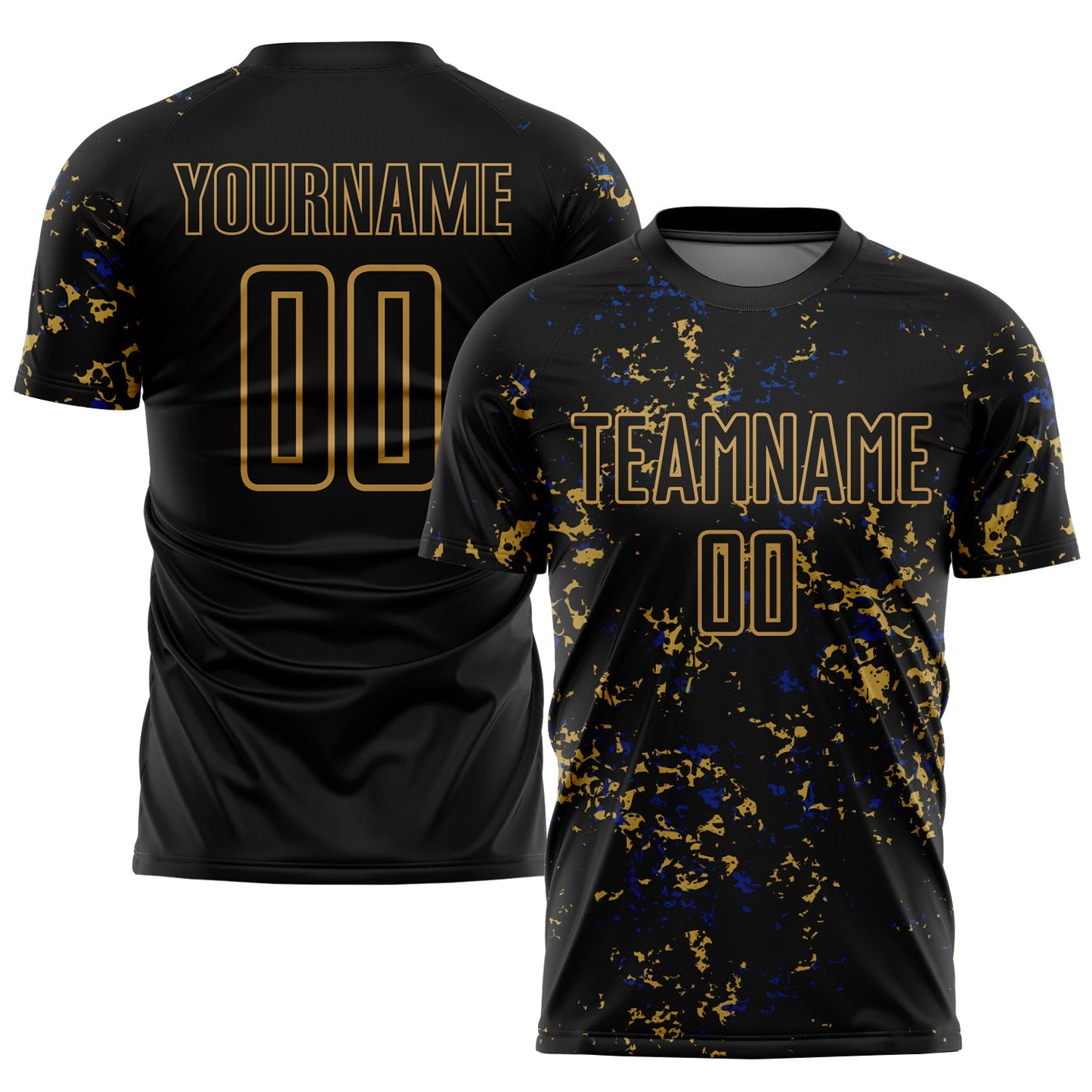 Custom Black Old Gold-Royal Abstract Fragment Art Sublimation Soccer Uniform Jersey - Main View