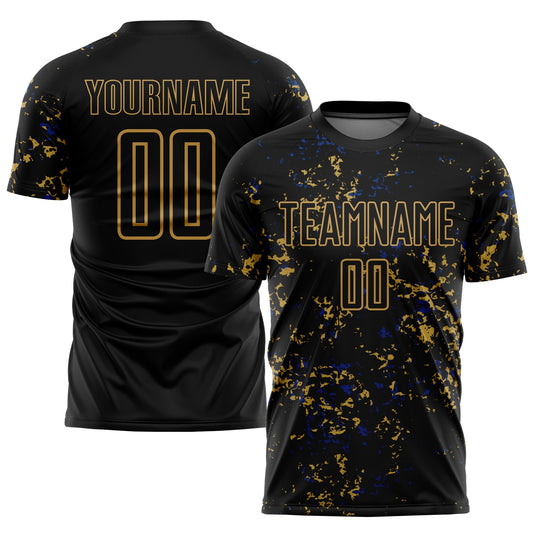 Custom Black Old Gold-Royal Abstract Fragment Art Sublimation Soccer Uniform Jersey - Main View