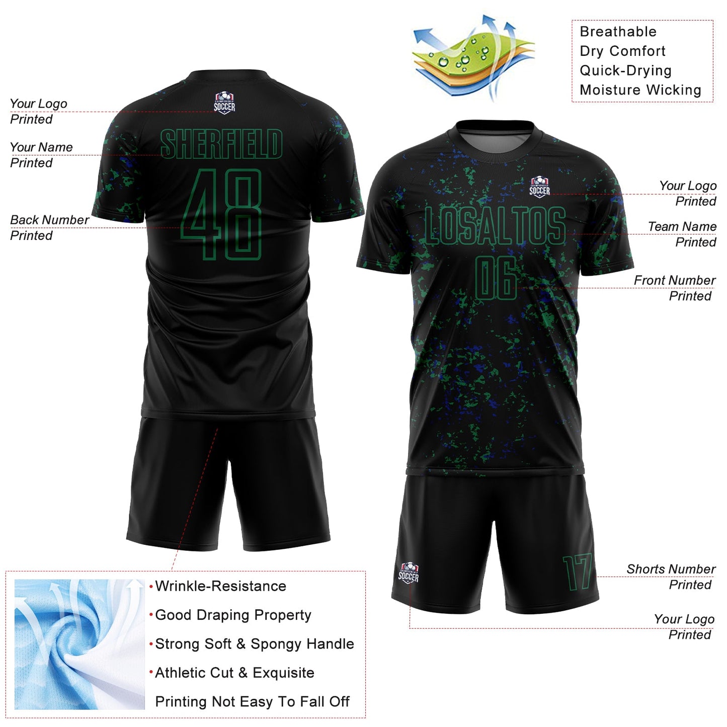 Custom Black Kelly Green-Royal Abstract Fragment Art Sublimation Soccer Uniform Jersey view 4
