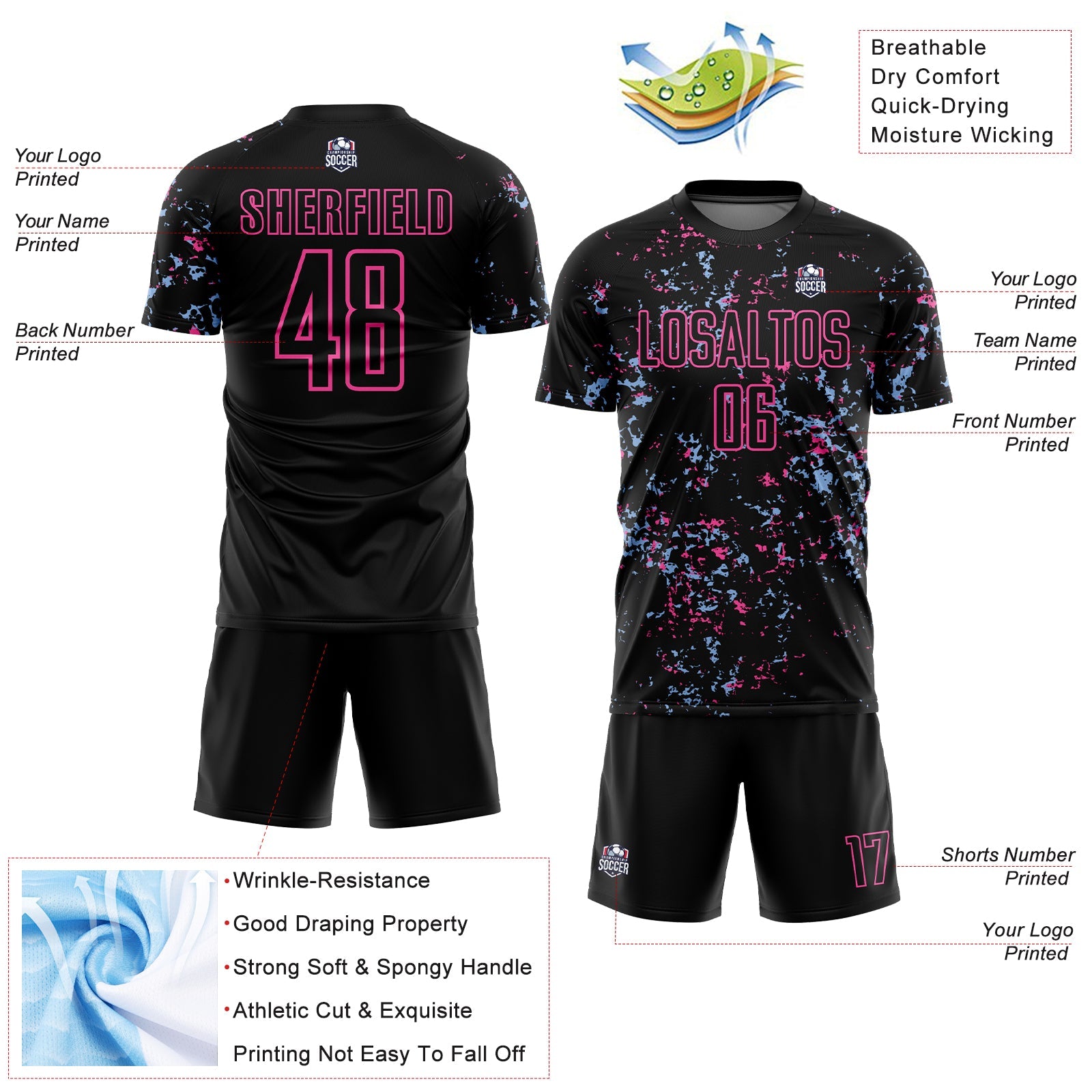 Custom Black Pink-Light Blue Abstract Fragment Art Sublimation Soccer Uniform Jersey view 4