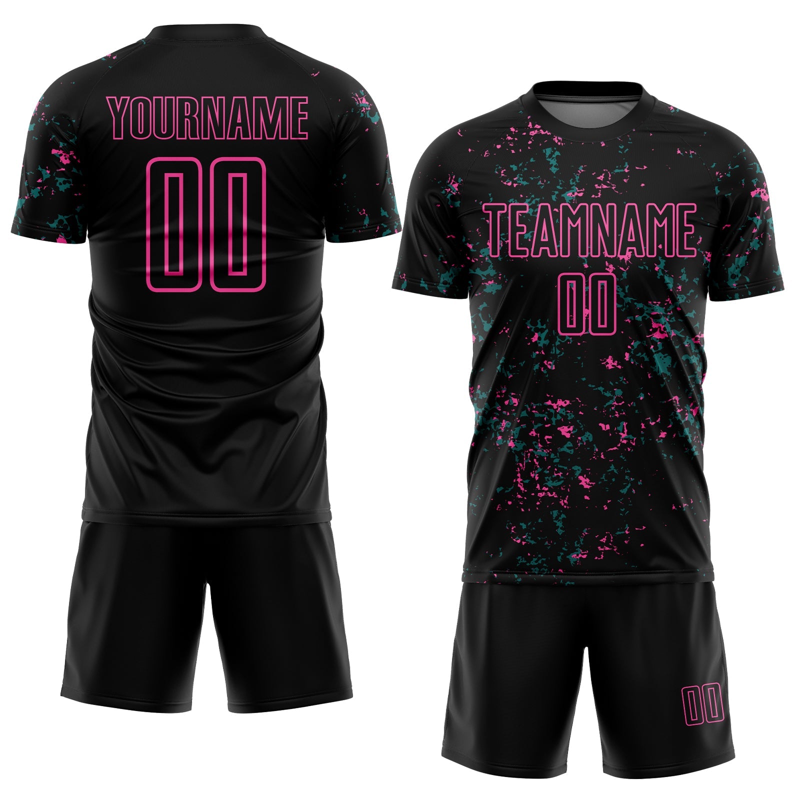 Custom Black Pink-Teal Abstract Fragment Art Sublimation Soccer Uniform Jersey view 2