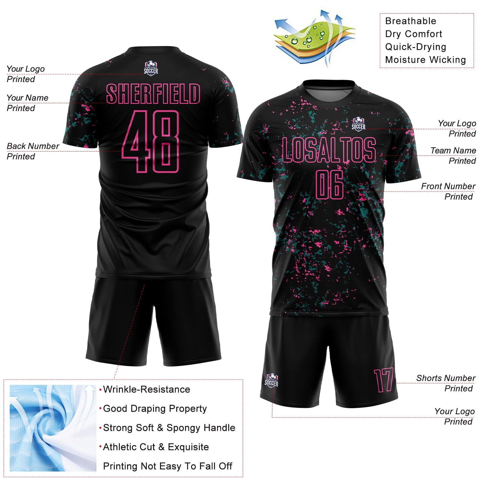 Custom Black Pink-Teal Abstract Fragment Art Sublimation Soccer Uniform Jersey view 4