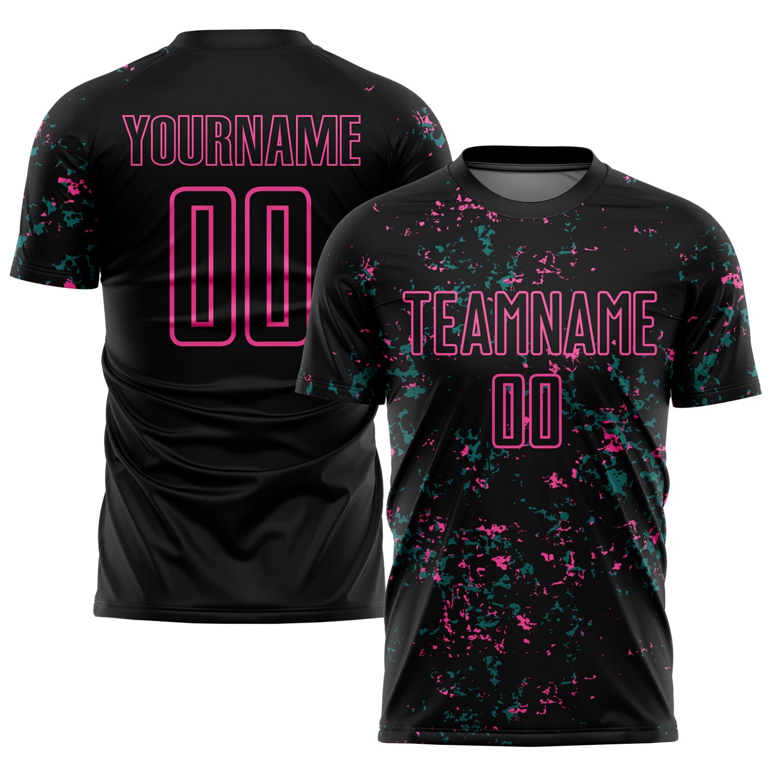 Custom Black Pink-Teal Abstract Fragment Art Sublimation Soccer Uniform Jersey - Main View