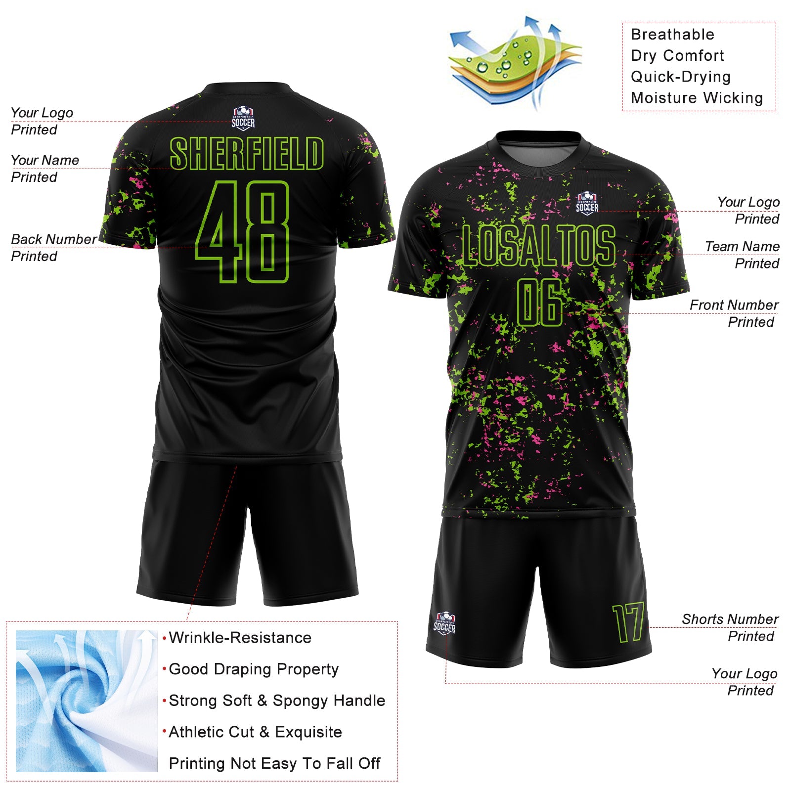 Custom Black Neon Green-Pink Abstract Fragment Art Sublimation Soccer Uniform Jersey view 4