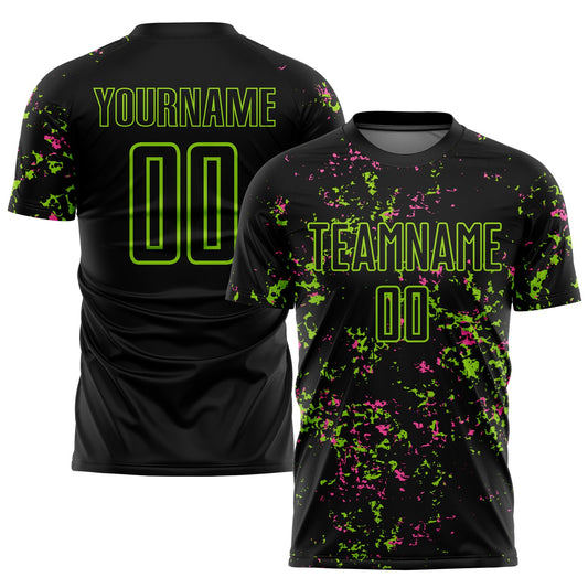 Custom Black Neon Green-Pink Abstract Fragment Art Sublimation Soccer Uniform Jersey - Main View