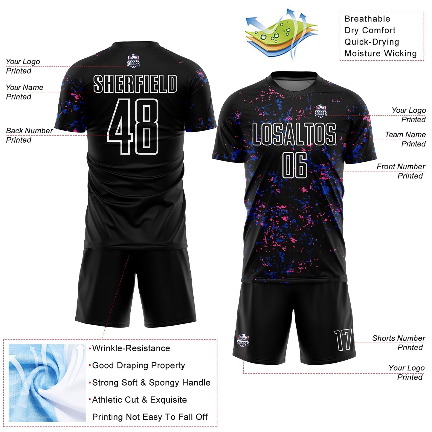 Custom Black Thunder Blue-Pink Abstract Fragment Art Sublimation Soccer Uniform Jersey view 4