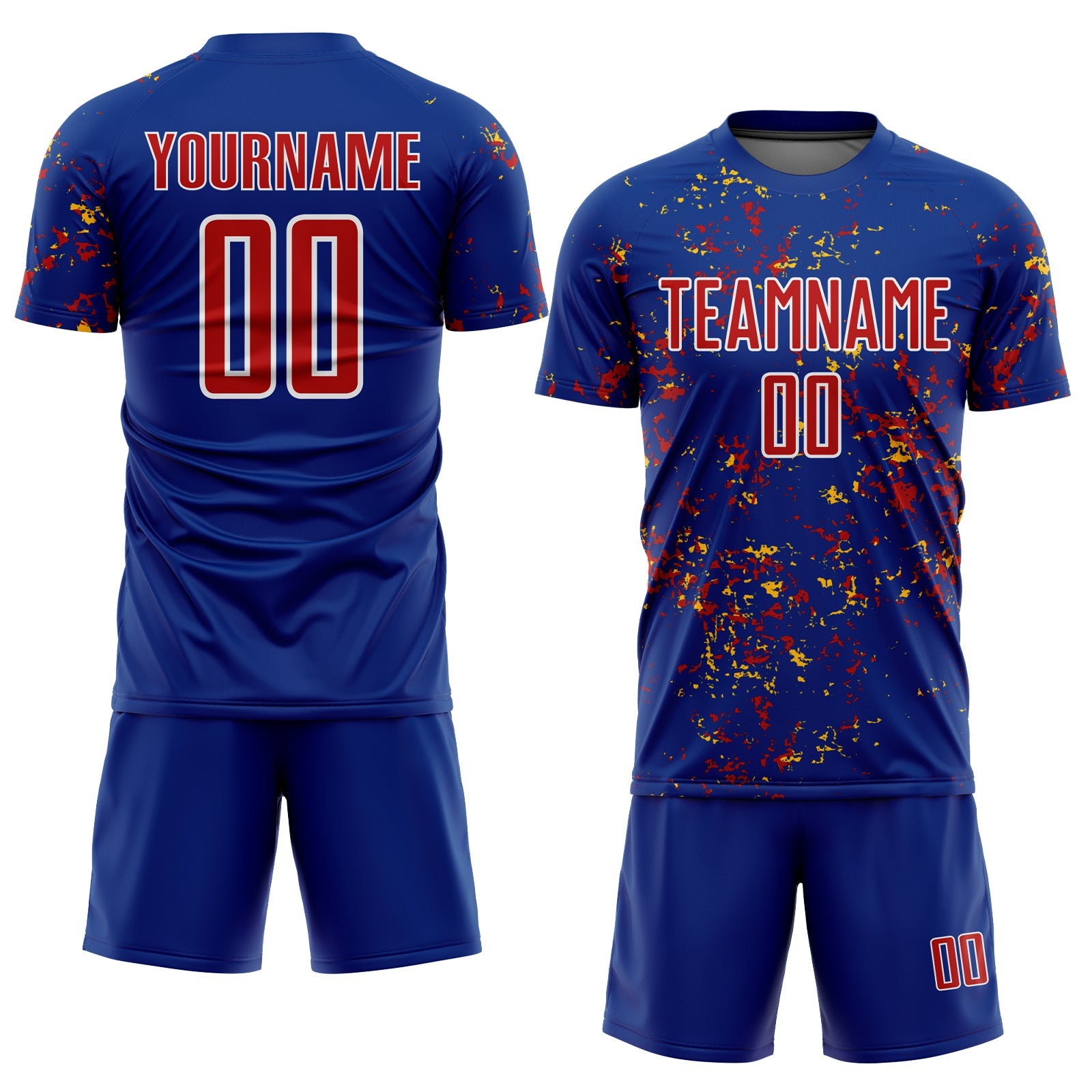 Custom Royal Red-Gold Abstract Fragment Art Sublimation Soccer Uniform Jersey view 2