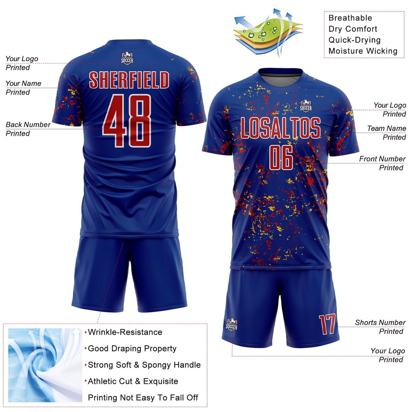 Custom Royal Red-Gold Abstract Fragment Art Sublimation Soccer Uniform Jersey view 4