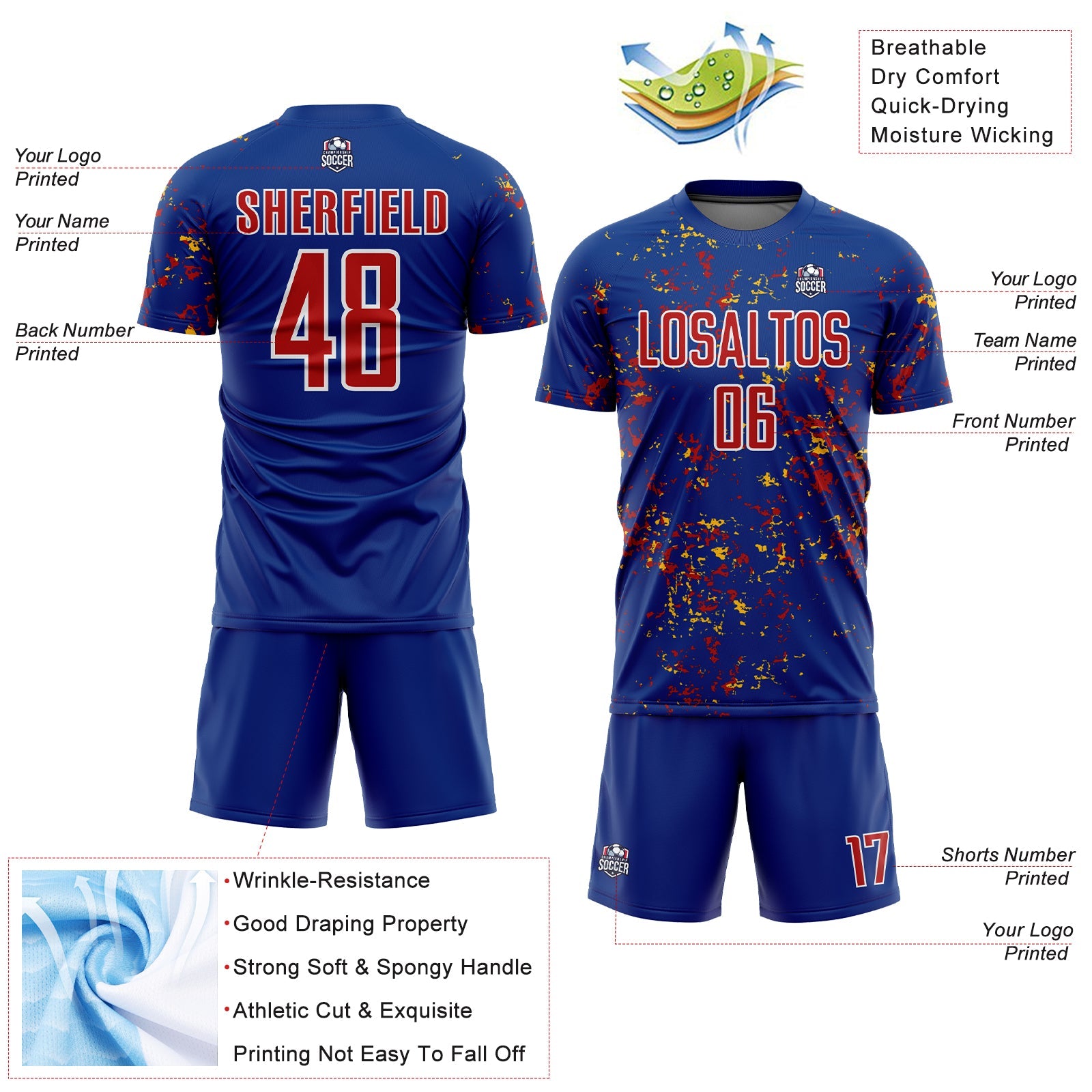 Custom Royal Red-Gold Abstract Fragment Art Sublimation Soccer Uniform Jersey view 4