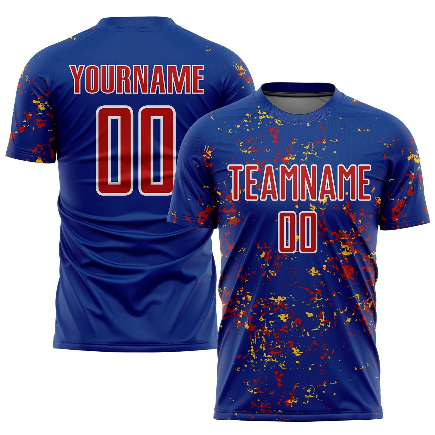 Custom Royal Red-Gold Abstract Fragment Art Sublimation Soccer Uniform Jersey - Main View
