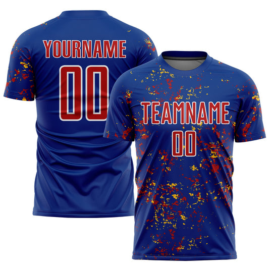 Custom Royal Red-Gold Abstract Fragment Art Sublimation Soccer Uniform Jersey - Main View