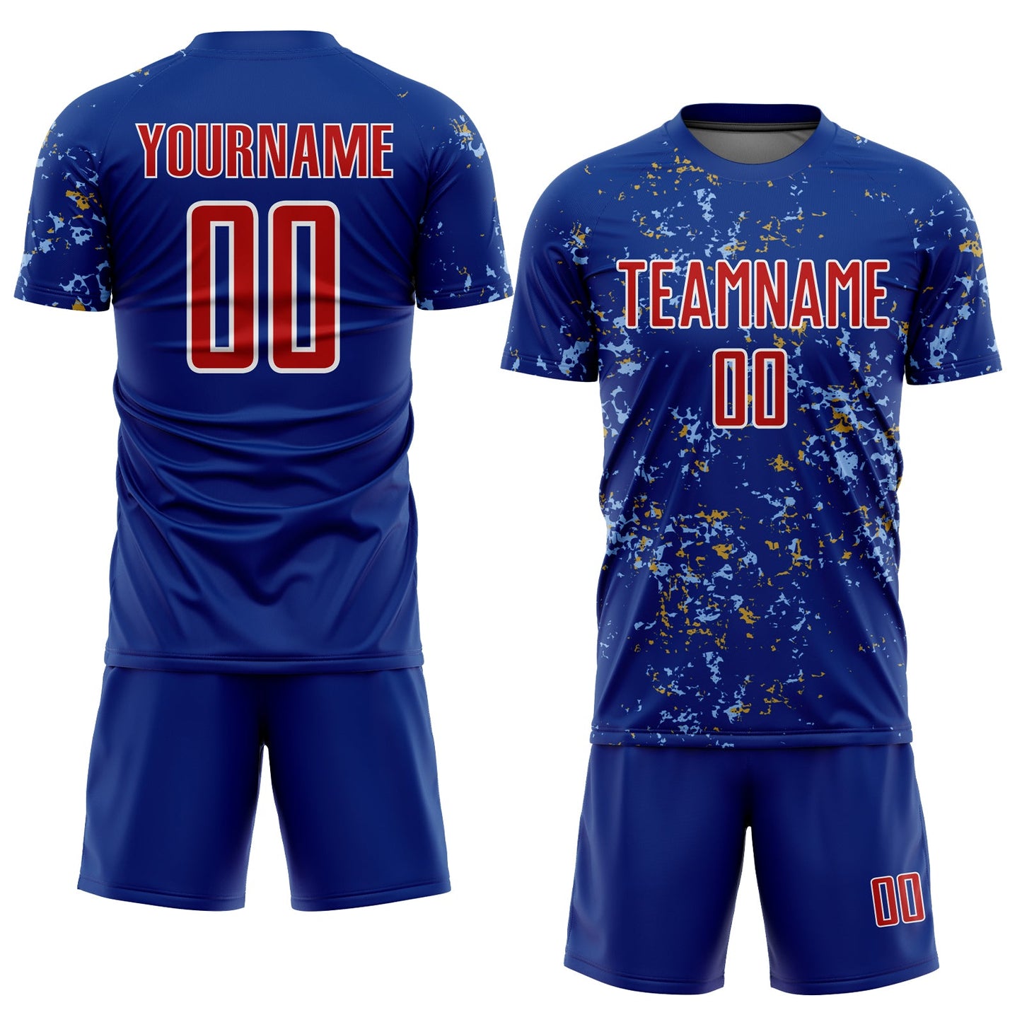 Custom Royal Red Old Gold-Light Blue Abstract Fragment Art Sublimation Soccer Uniform Jersey view 2